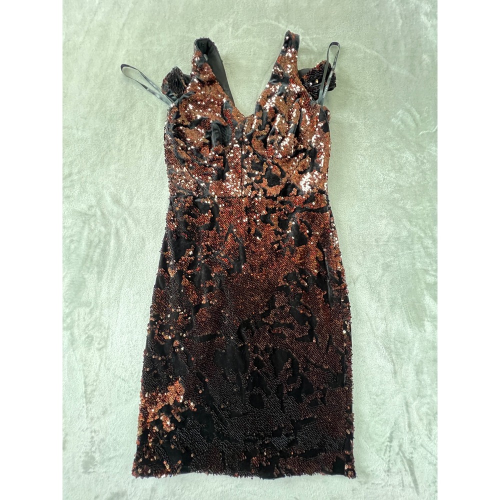 Calvin Klein Sequin Dress Women 4 Black Copper Cold Shoulder CD8BLV4K